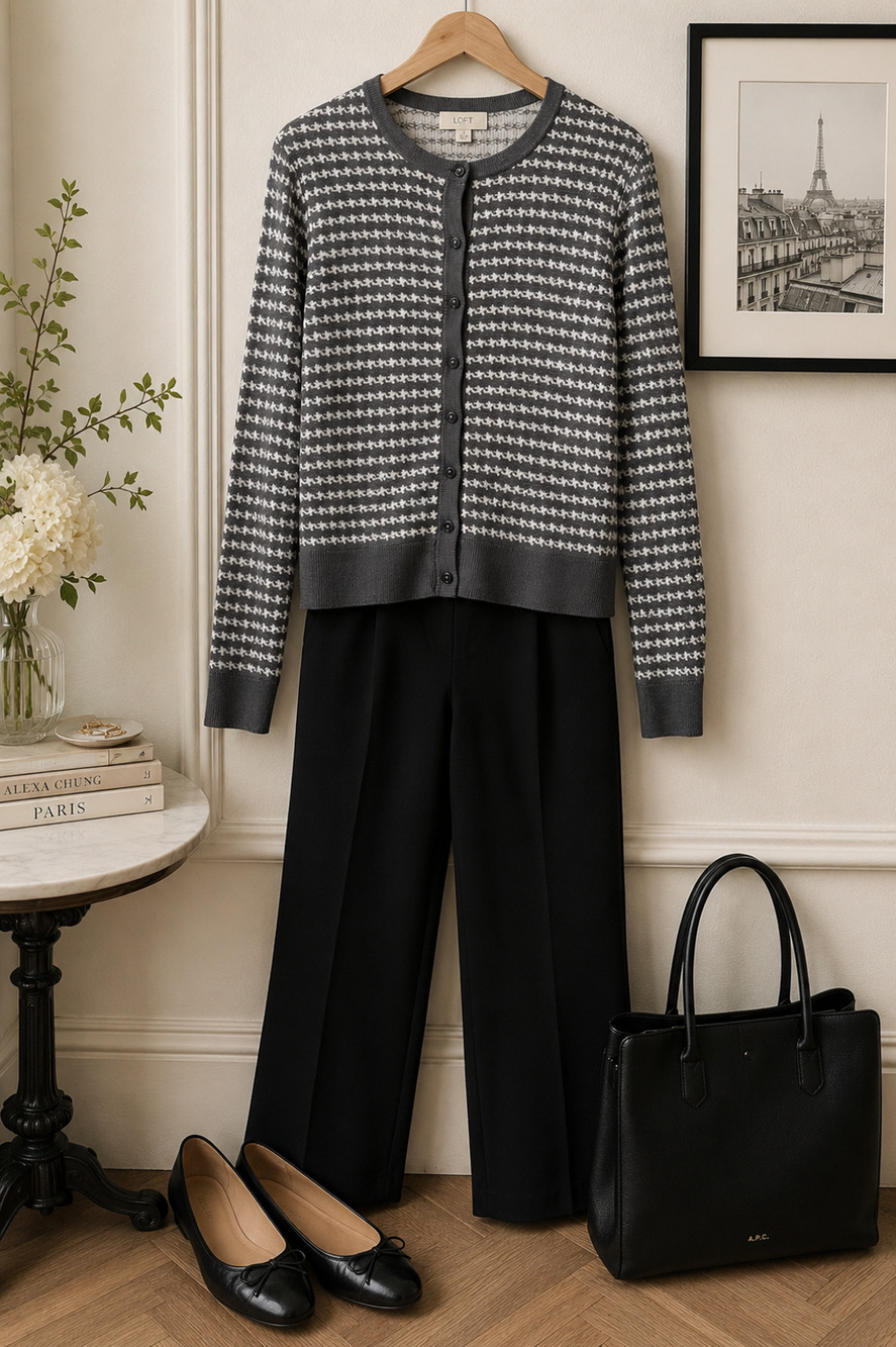 LOFT Gray & Ivory Houndstooth Cotton Cardigan Sweater Medium